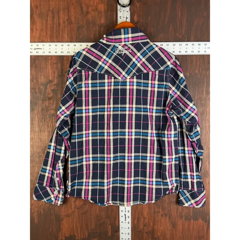 True Religion Rocky Western Long‎ Sleeve Square Pearl Snap Shirt Mens Medium EUC